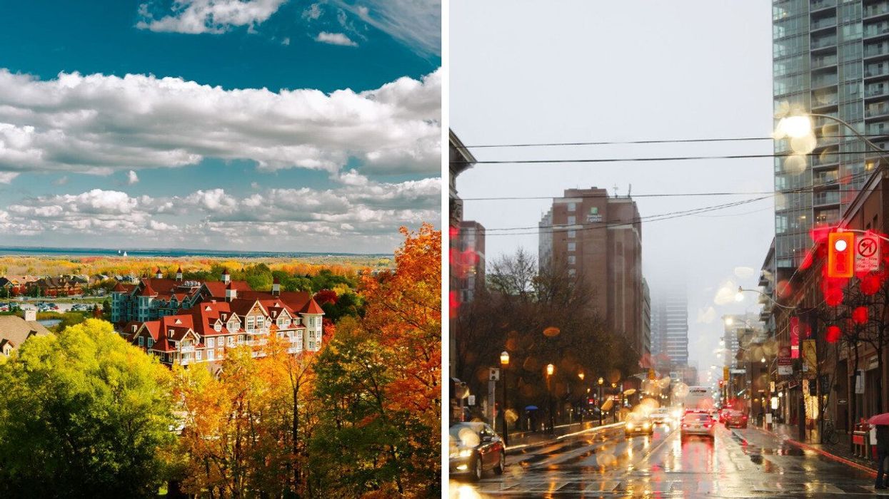 Blue Mountain village on a sunny fall day. Right: downtown Toronto on a gloomy, rainy day.