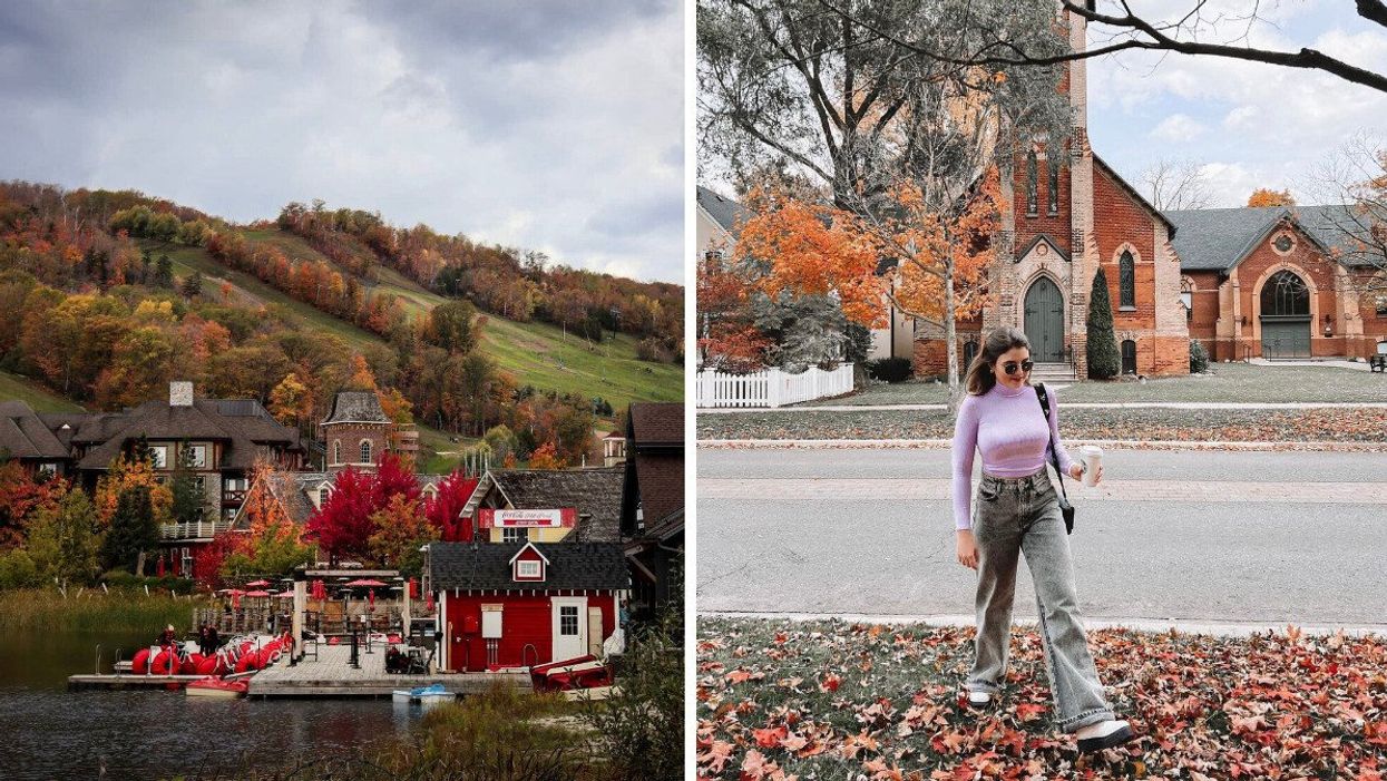 Blue Mountain Village. Right: A woman walking with a coffee.