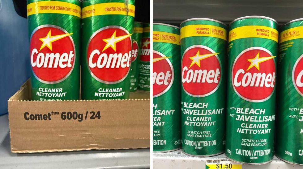 Blue, red and yellow tins of Comet cleaner with bleach on a store shelf. RightL Blue, red and yellow tins of Comet cleaner with bleach on a store shelf.