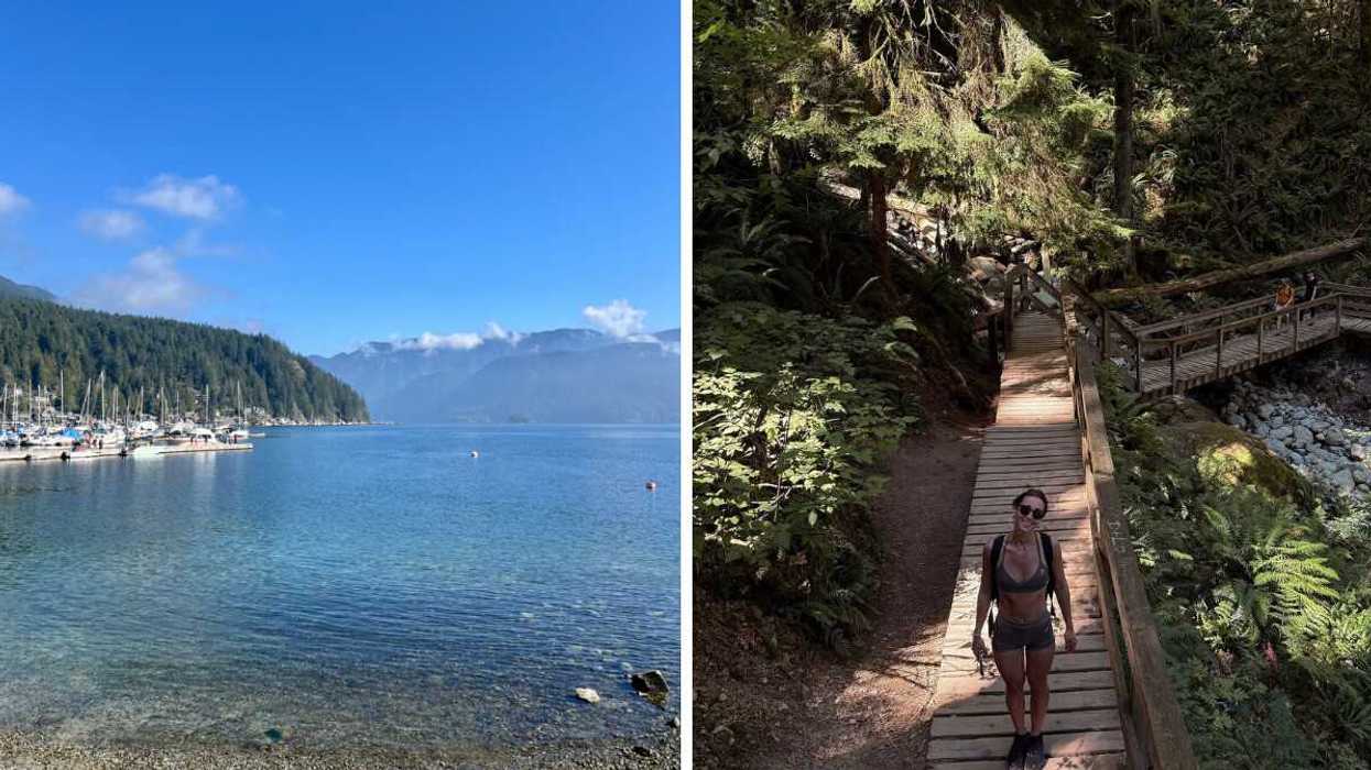 Blue sky, clear water, boats. Right: Smiling person on a hike