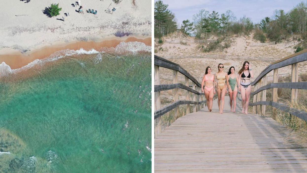 Blue water and sandy shores. Right: Women walking on a beach boardwalk.