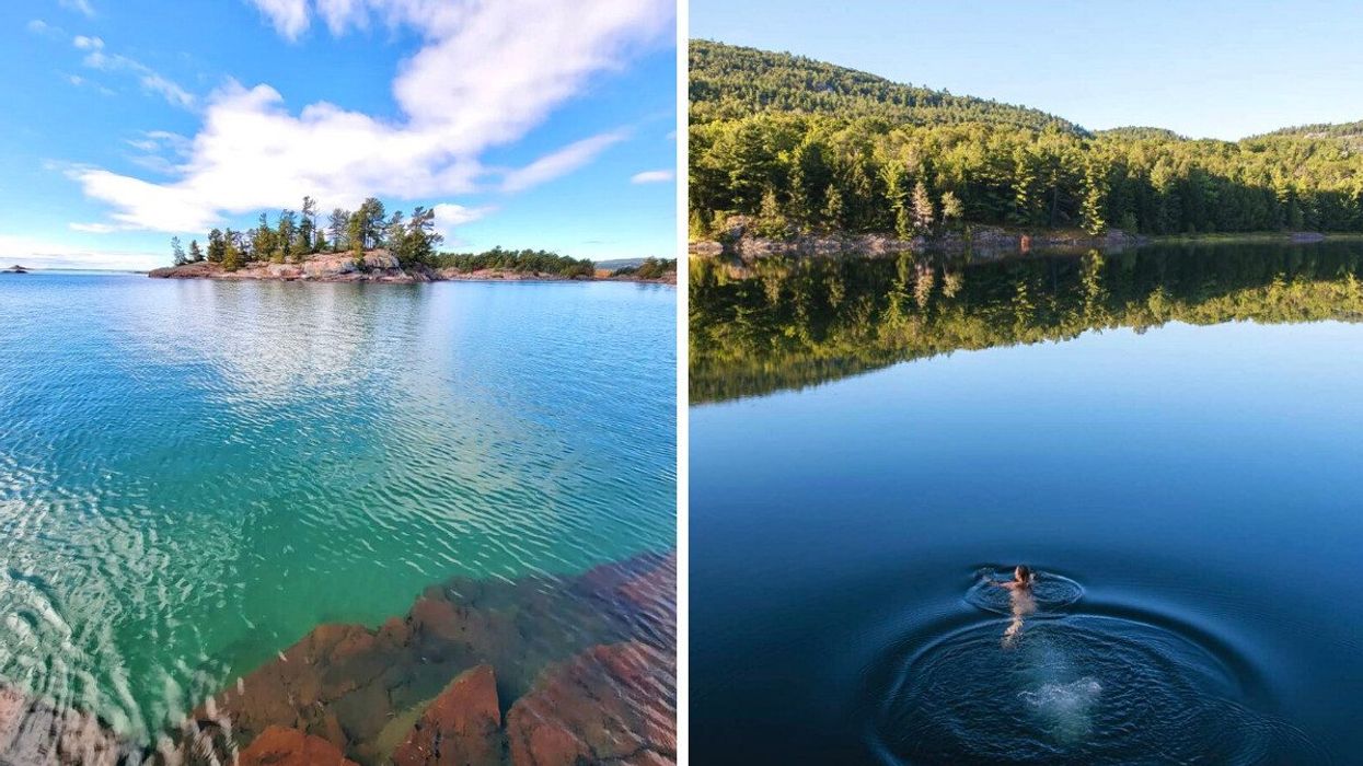 Blue water with a rocky shore. Right: A person swimming in a blue lake.