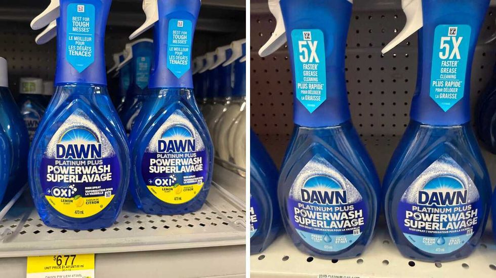 Blue, white and yellow bottles of Dawn Platinum Plus Powerwash on a store shelf. Right: Blue and white bottles of Dawn Platinum Plus Powerwash on a store shelf.