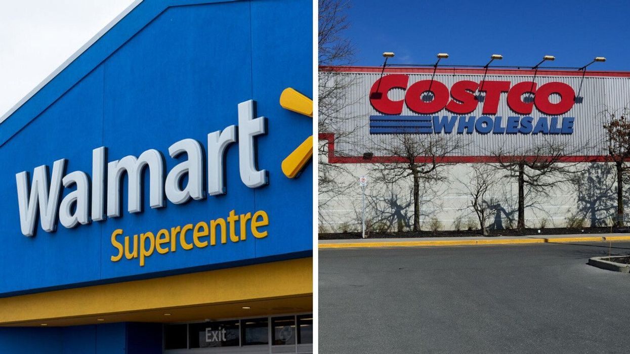 blue, yellow and white sign on a walmart storefront. right: exterior of costco wholesale location in canada
