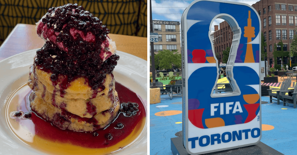 Blueberry pancakes from Mildred's Temple Kitchen. Right: The FIFA World Cup 2026 sign in Liberty Village. Blueberry panc