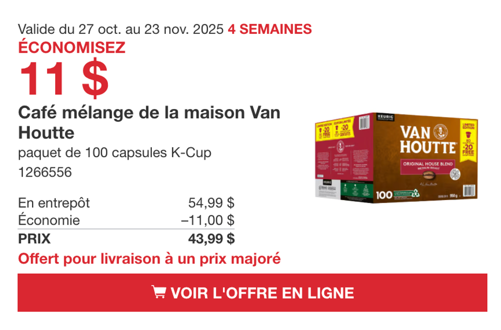 Bo\u00eete de 100 capsules K-Cup Van Houtte Original House Blend sur le site de Costco.