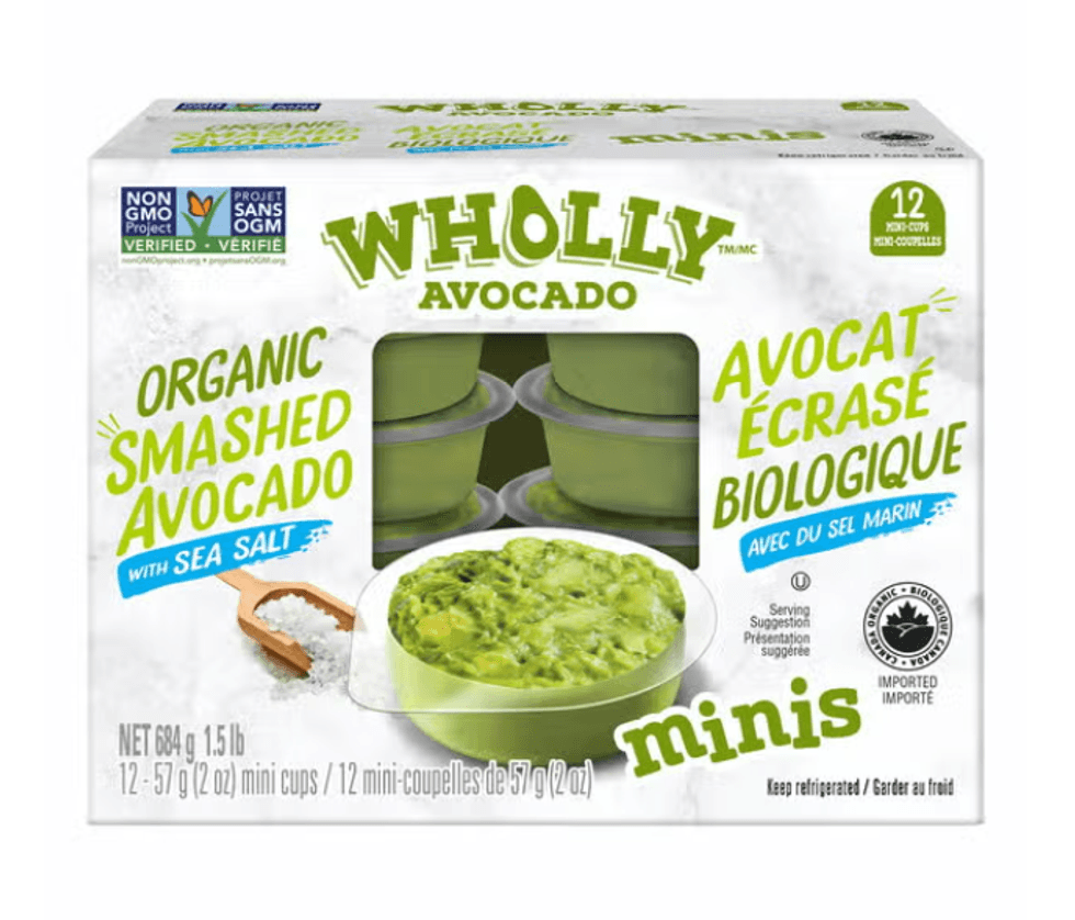 Bo\u00eete de 12 portions individuelles d'avocat \u00e9cras\u00e9 biologique Wholly Avocado.