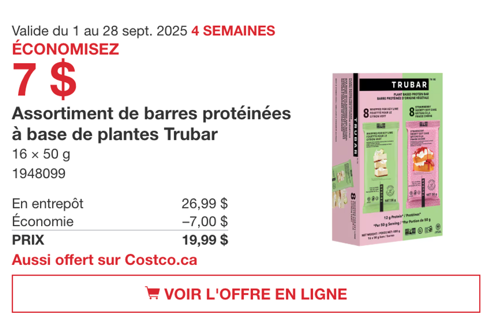 Bo\u00eete de 16 barres prot\u00e9in\u00e9es Trubar en vedette dans la circulaire du Costco.