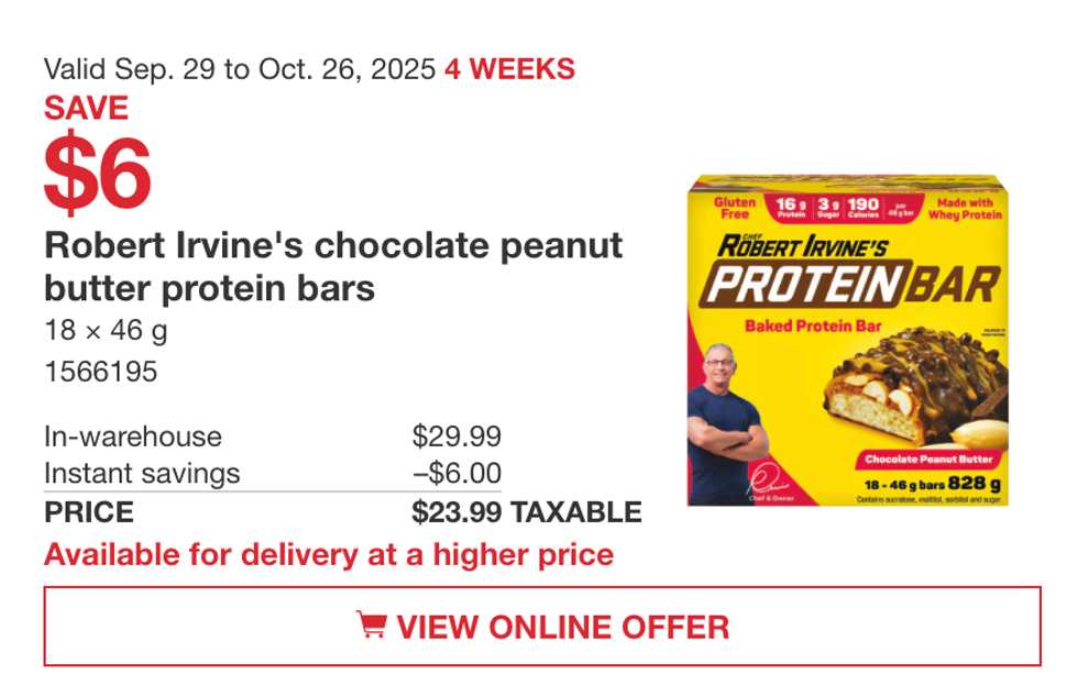 Bo\u00eete de 18 barres prot\u00e9in\u00e9es Robert Irvine chocolat et beurre d\u2019arachide en vedette dans la circulaire du Costco.