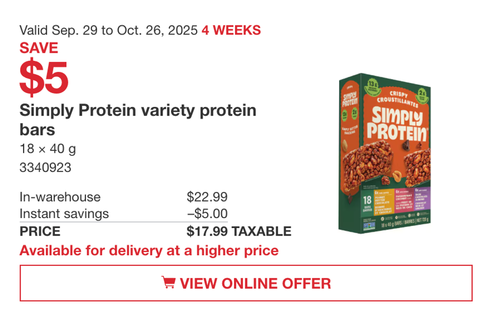 Bo\u00eete de 18 barres prot\u00e9in\u00e9es Simply Protein assorties en vedette dans la circulaire du Costco.