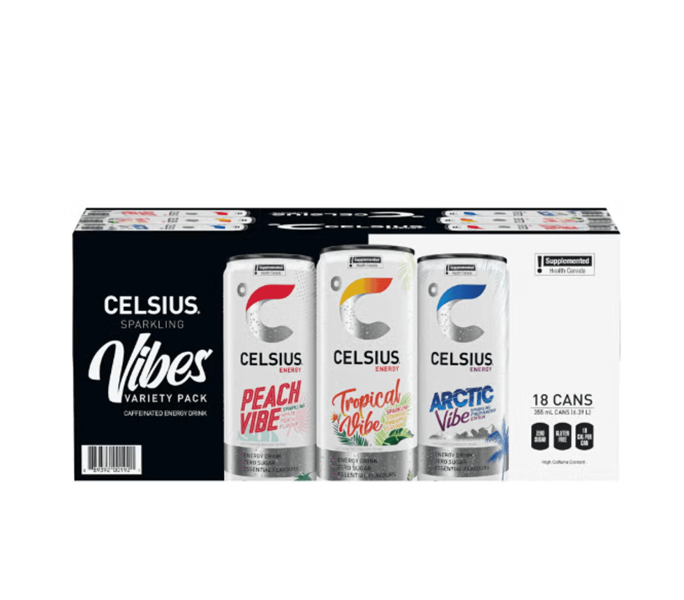 Bo\u00eete de 18 boissons \u00e9nergisantes Celsius Vibes \u00e0 trois saveurs.