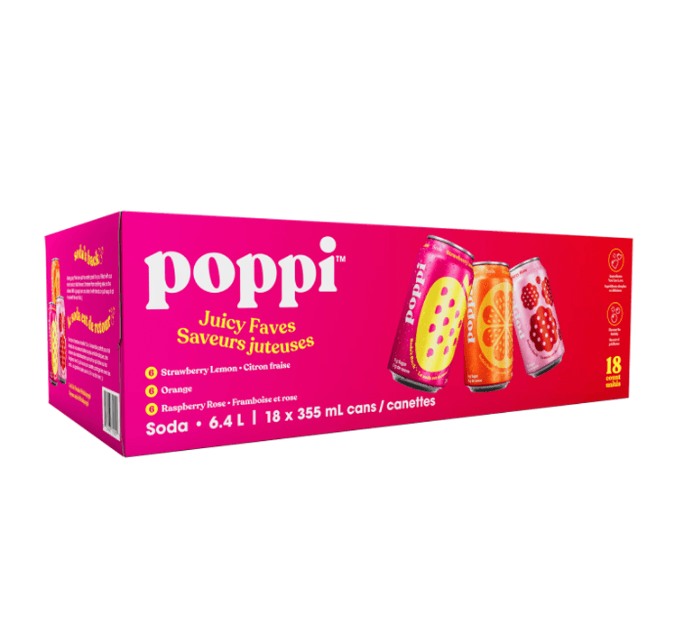Bo\u00eete de 18 canettes de boissons gazeuses Poppi \u00e0 trois saveurs.