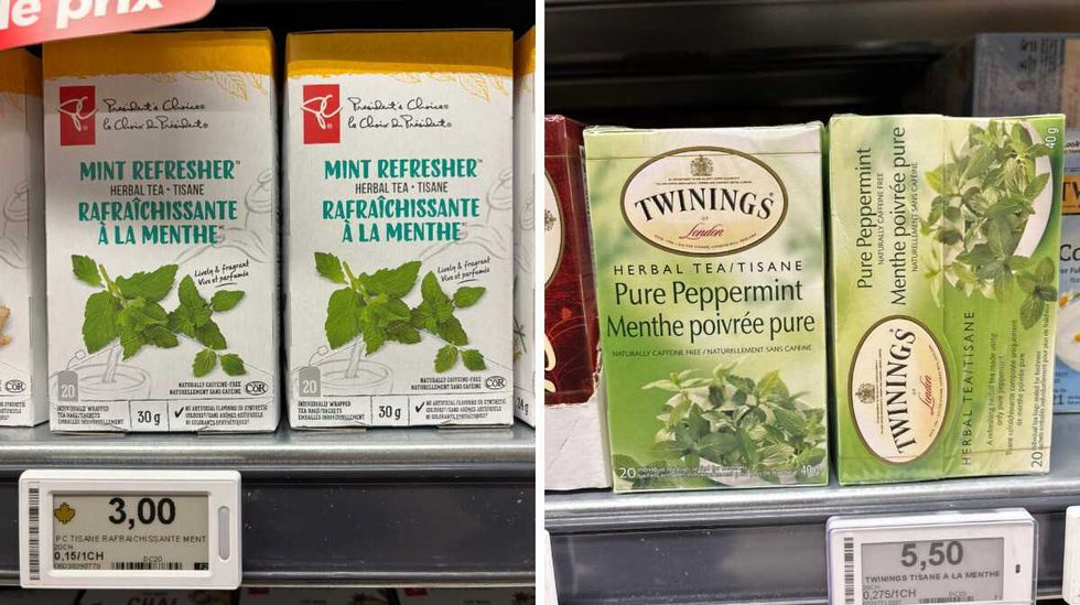 Bo\u00eete de 20 sachets de tisane \u00e0 la menthe de marque Le Choix du Pr\u00e9sident. Droite : Bo\u00eetes de 20 sachets de tisane \u00e0 la menthe de marque Twinings.