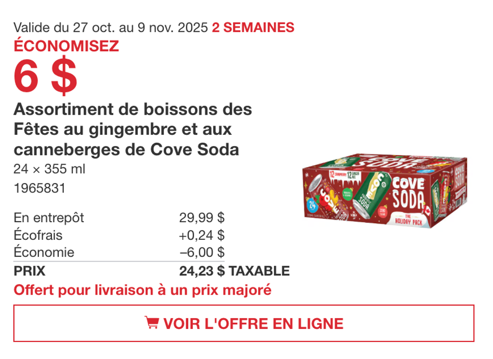 Bo\u00eete de 24 canettes de Cove Soda \u00e9dition des F\u00eates sur le site de Costco.