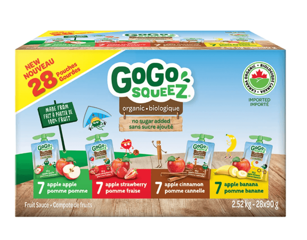 Bo\u00eete de 28 pochettes de compote de fruits biologiques GoGo SqueeZ aux saveurs vari\u00e9es.