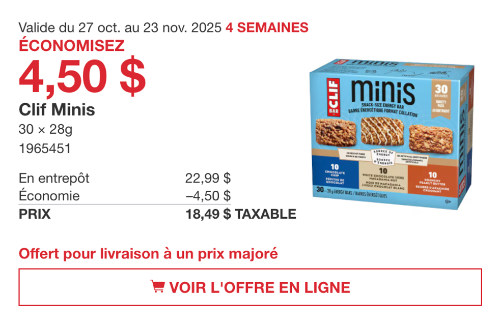 Bo\u00eete de 30 barres \u00e9nerg\u00e9tiques Clif Minis assorties sur le site de Costco.