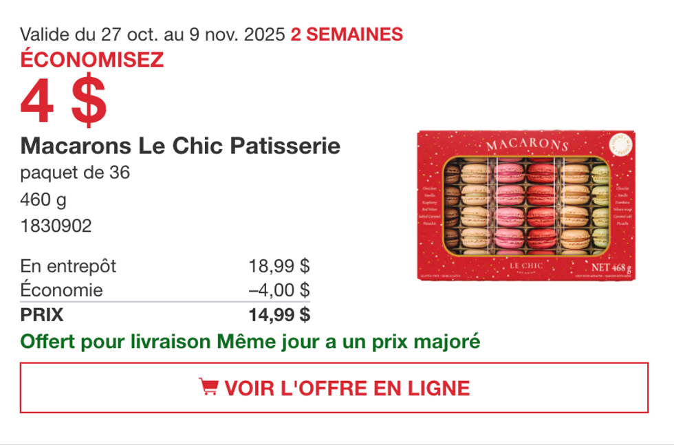 Bo\u00eete de 36 macarons assortis Le Chic Patisserie sur le site de Costco.