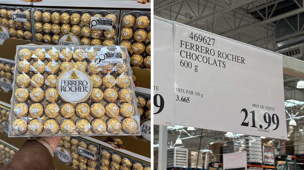 Bo\u00eete de 48 chocolats Ferrero Rocher chez Costco. Droite : affiche de prix Costco pour la bo\u00eete de chocolats Ferrero Rocher.