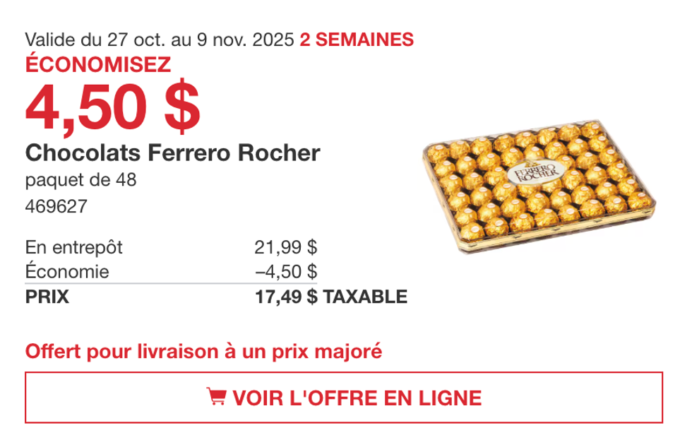 Bo\u00eete de 48 chocolats Ferrero Rocher dor\u00e9s sur le site de Costco