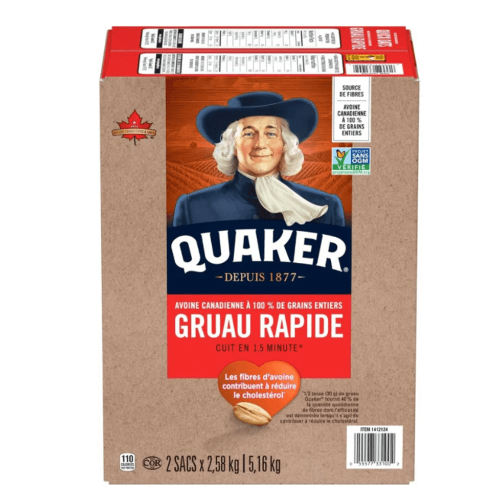 Bo\u00eete de 5,16 kg de gruau rapide Quaker \u00e0 grains entiers.