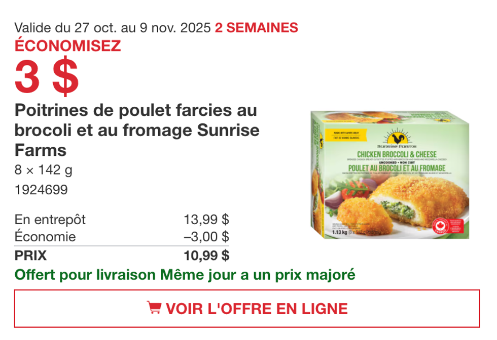 Bo\u00eete de 8 poitrines de poulet farcies Sunrise Farms sur le site de Costco