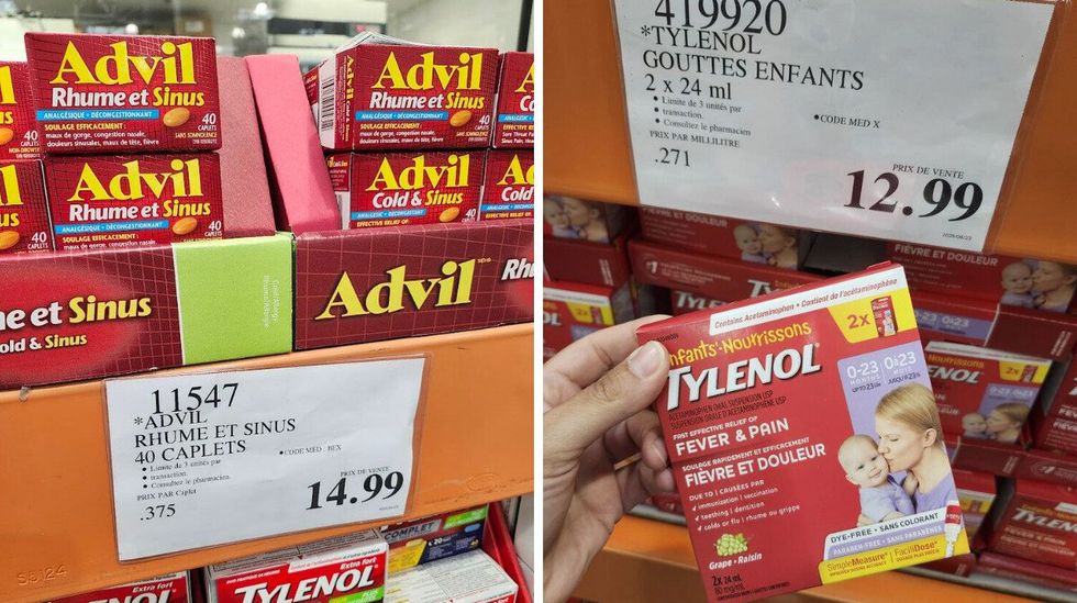Bo\u00eete de Advil Rhume et sinus. Droite: Boite de Tylenol pour nourrisson.