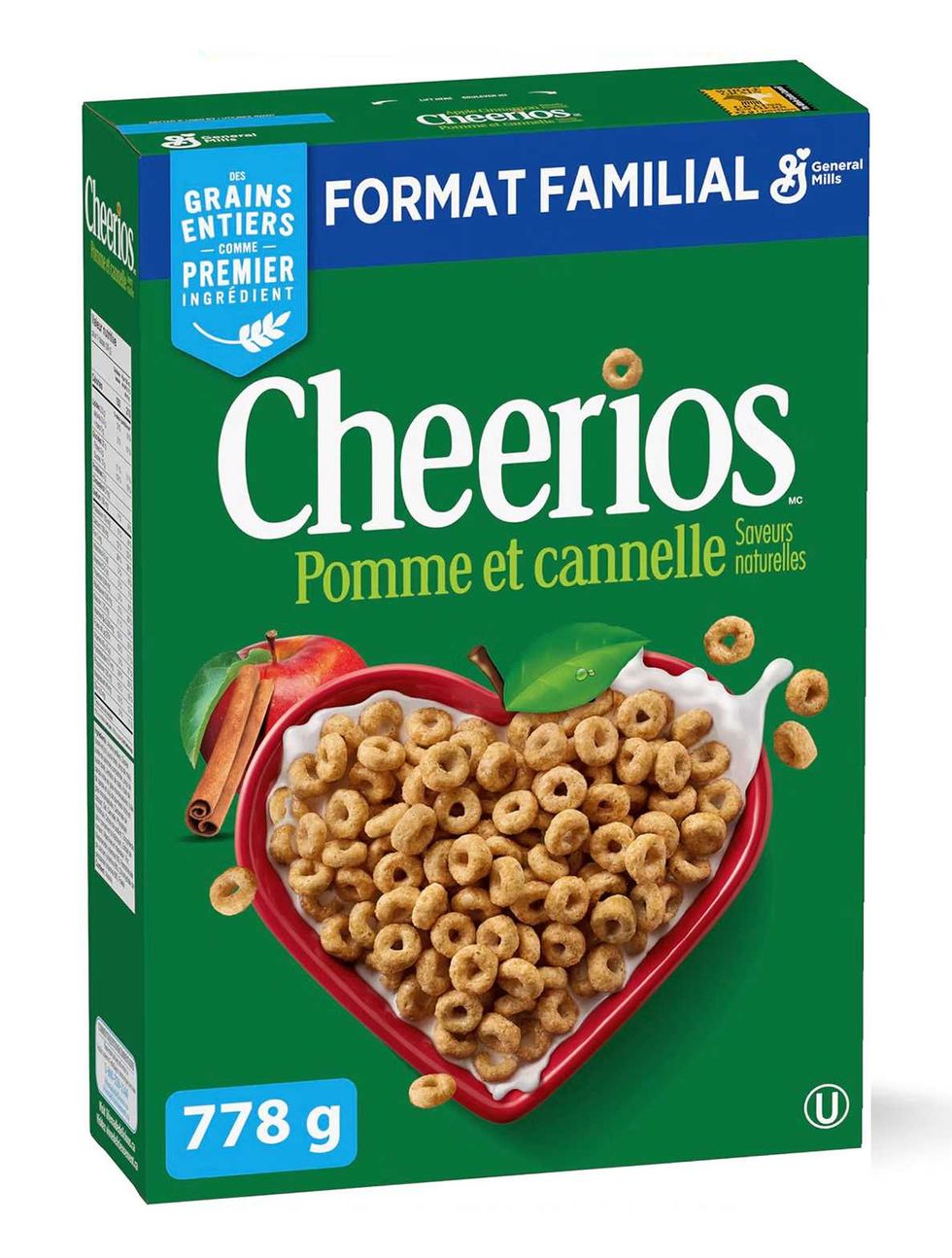 Bo\u00eete de c\u00e9r\u00e9ales pomme et cannelle Cheerios sur fond blanc.