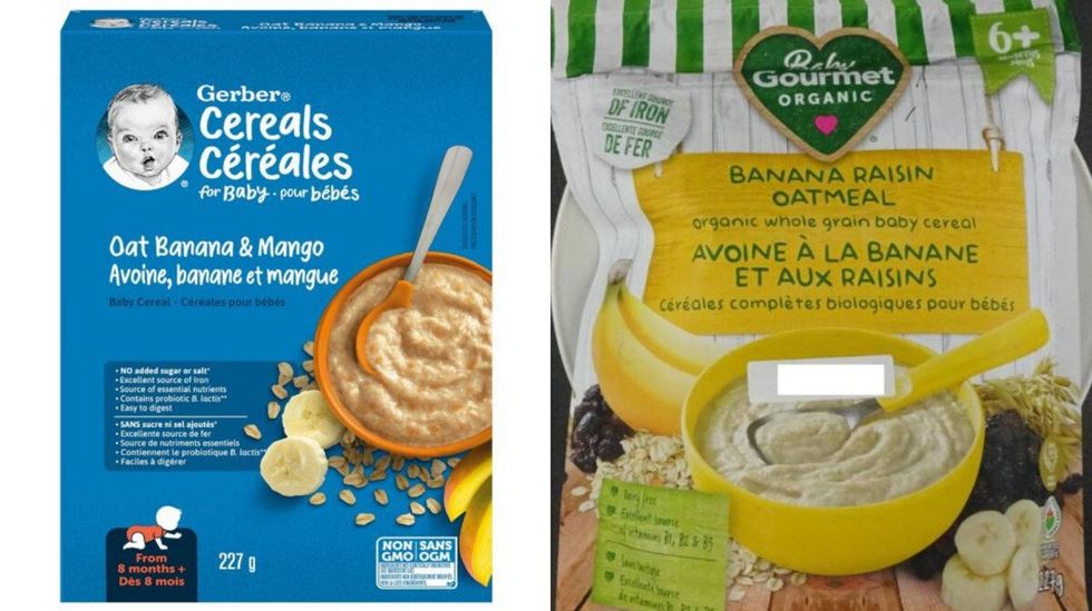 Bo\u00eete de c\u00e9r\u00e9ales pour b\u00e9b\u00e9s Gerber banane et mangue. Droite : Sac de c\u00e9r\u00e9ales pour b\u00e9b\u00e9s aux bananes et raisins.