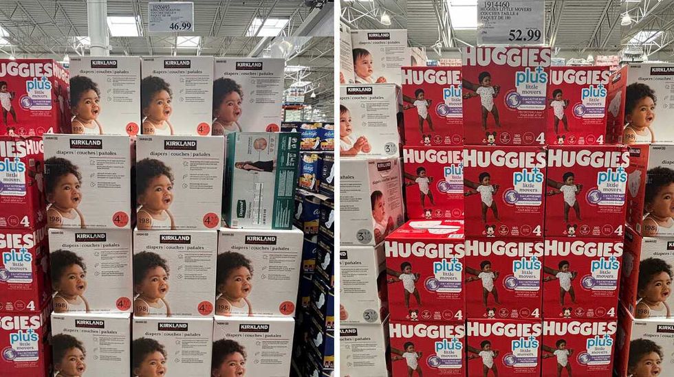 Bo\u00eete de couches pour b\u00e9b\u00e9s de marque Kirkland. Droite : Bo\u00eetes de couches pour b\u00e9b\u00e9s de marque Huggies.