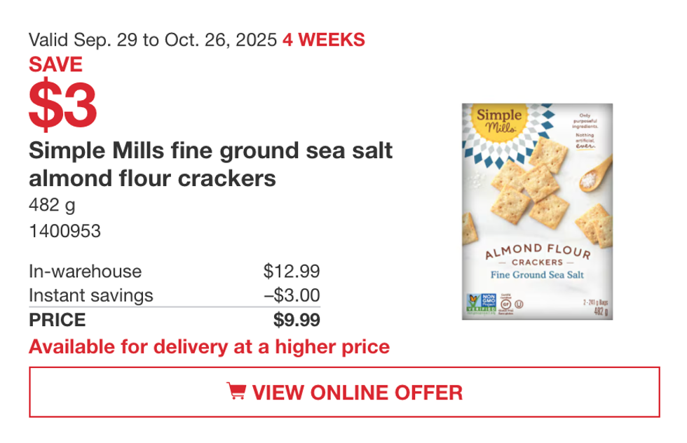 Bo\u00eete de craquelins Simple Mills \u00e0 la farine d\u2019amandes et sel de mer en vedette dans la circulaire du Costco.