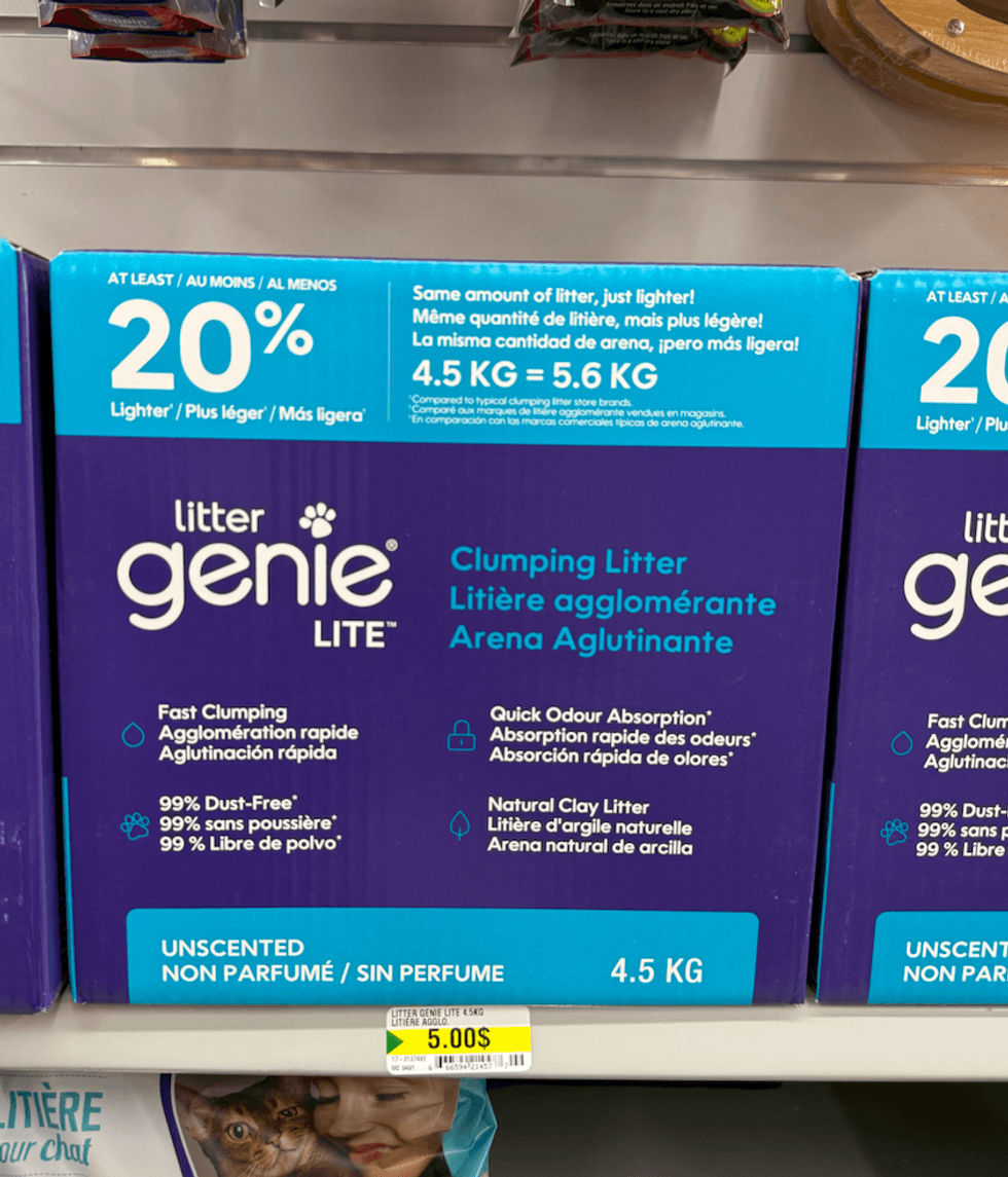 Bo\u00eete de liti\u00e8re agglom\u00e9rante Litter Genie Lite de 4,5 kg sur une tablette de Dollarama.