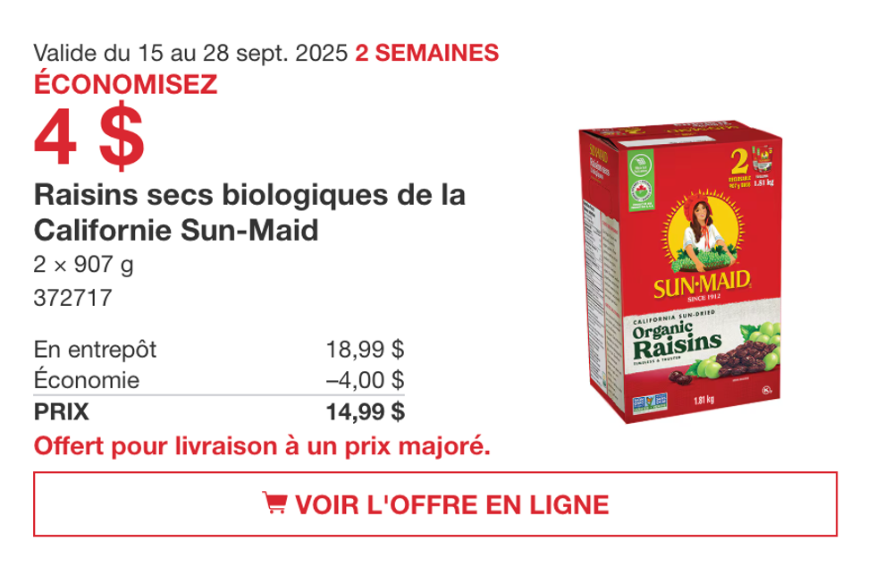 Bo\u00eete de raisins secs biologiques Sun-Maid sur le site de Costco.