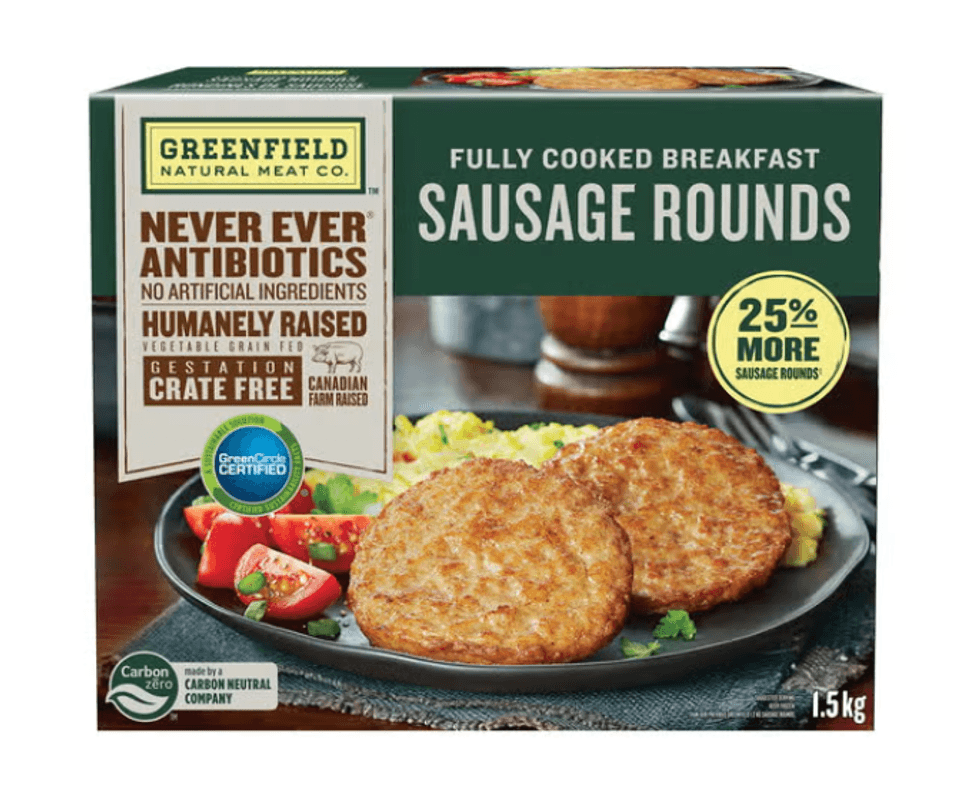 Bo\u00eete de rondines de saucisse \u00e0 d\u00e9jeuner enti\u00e8rement cuites Greenfield Natural Meat Co. de 1,5 kg.