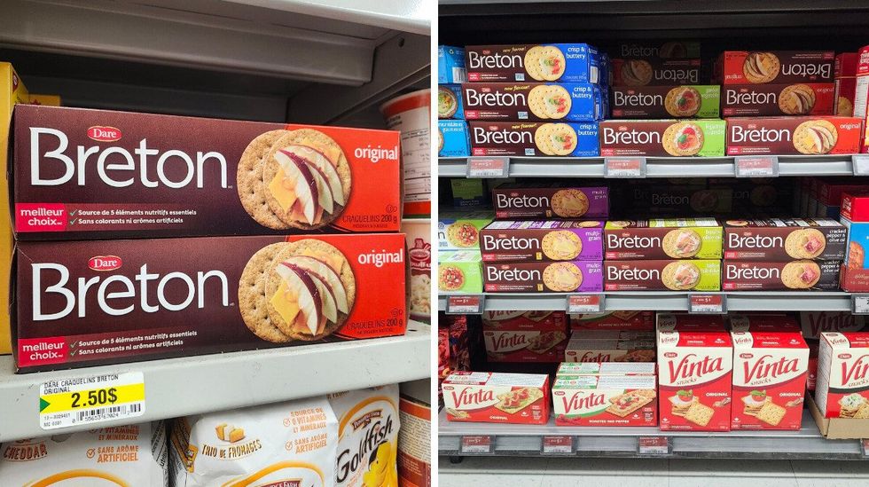 Bo\u00eetes de Breton vendues au Dollarama. Droite : Bo\u00eetes de Breton vendues au Walmart.