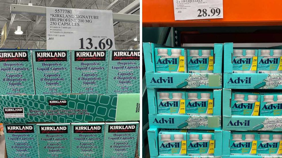 Bo\u00eetes de capsules d'ibuprof\u00e8ne de marque Kirkland vendues chez Costco. Droite : Bo\u00eetes de capsules d'ibuprof\u00e8ne de marque Advil.