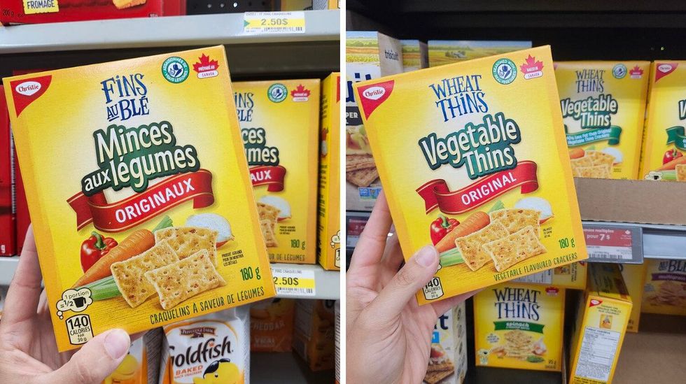 Bo\u00eetes de Minces aux l\u00e9gumes vendues au Dollarama. Droite : Bo\u00eetes de Minces aux l\u00e9gumes vendues au Walmart.