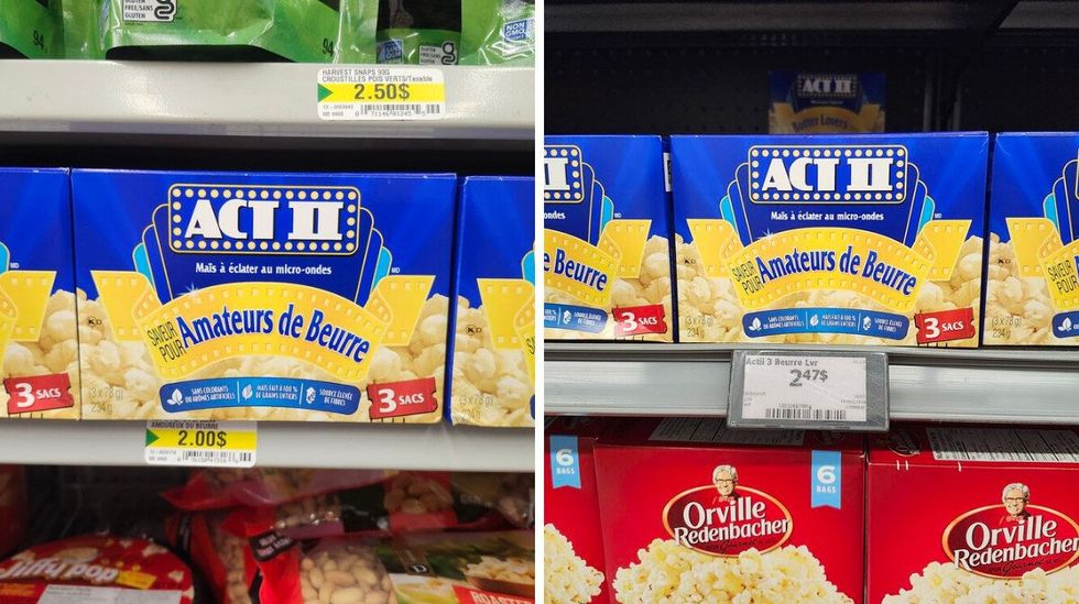Bo\u00eetes de popcorn Act II vendus au Dollarama. Droite : Bo\u00eetes de popcorn Act II vendus au Walmart.