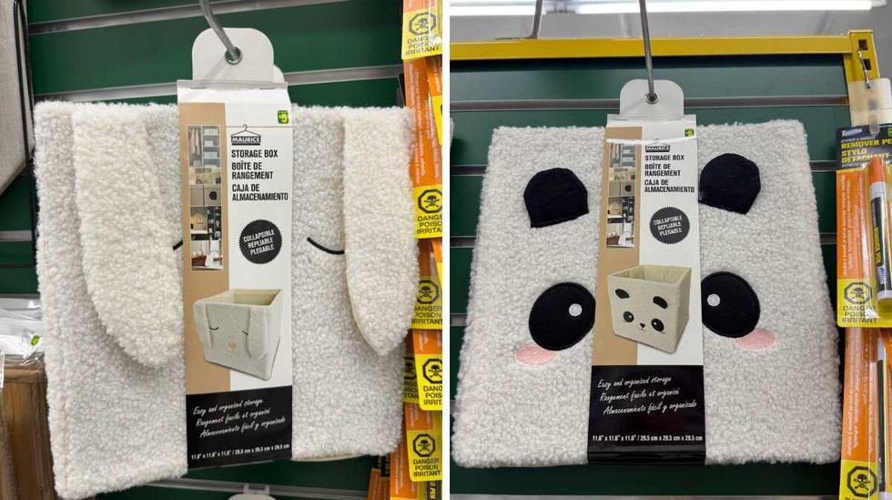Bo\u00eetes de rangement en tissu en forme d\u2019animaux, dont un lapin et un panda, suspendues chez Dollarama.