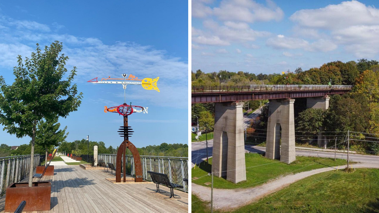 Boardwalk path in the sky with art and trees. Right: Elevated park on an old railway bridge.