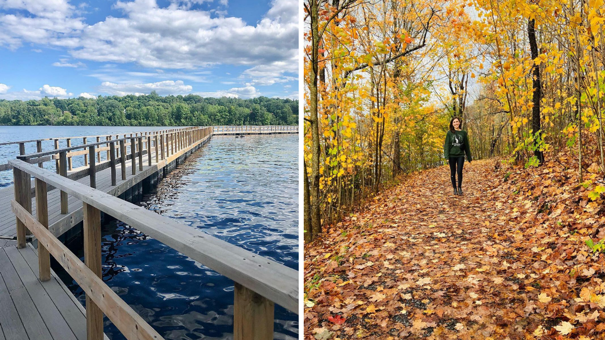 Boardwalk trail floating over a lake. Right: Woman hiking on a trail covered in fall leaves.