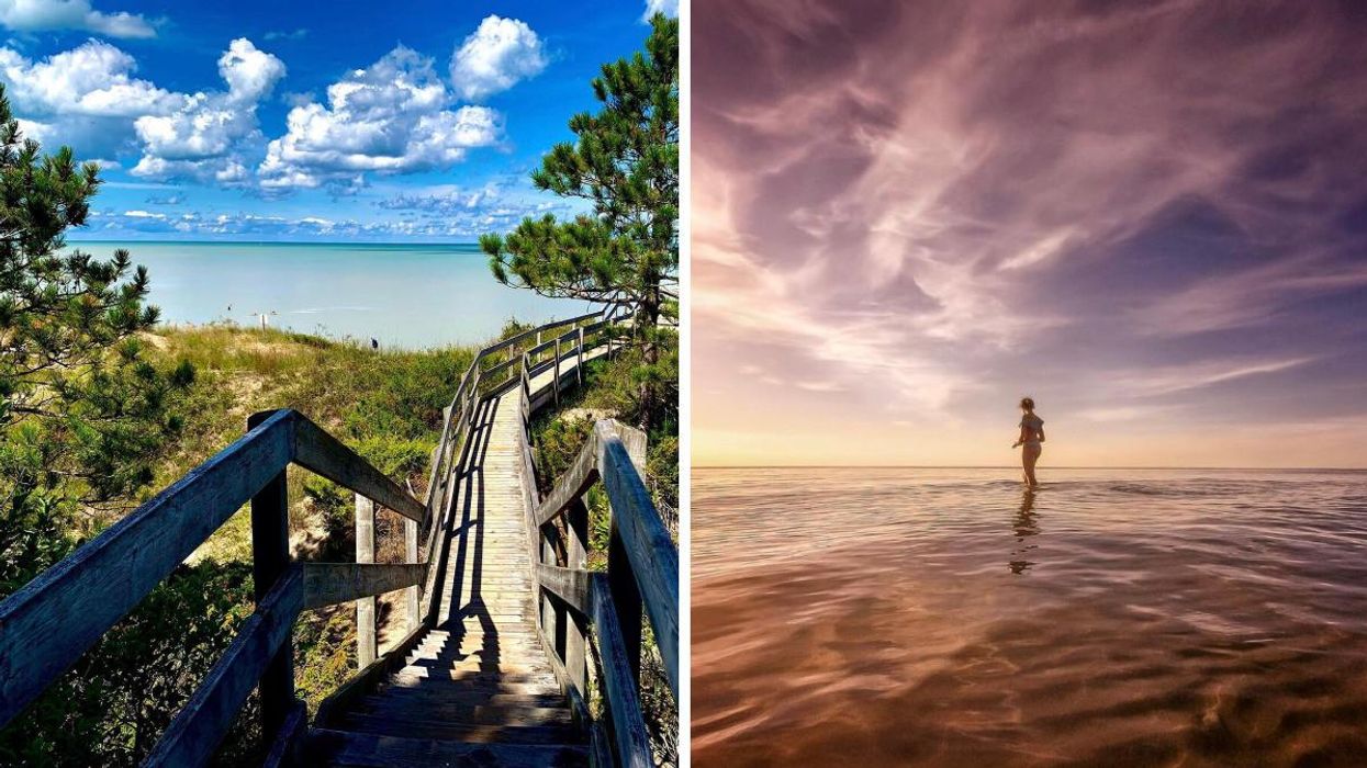 Boardwalk trail with lake views. Right: Girl standing in the water at sunset.