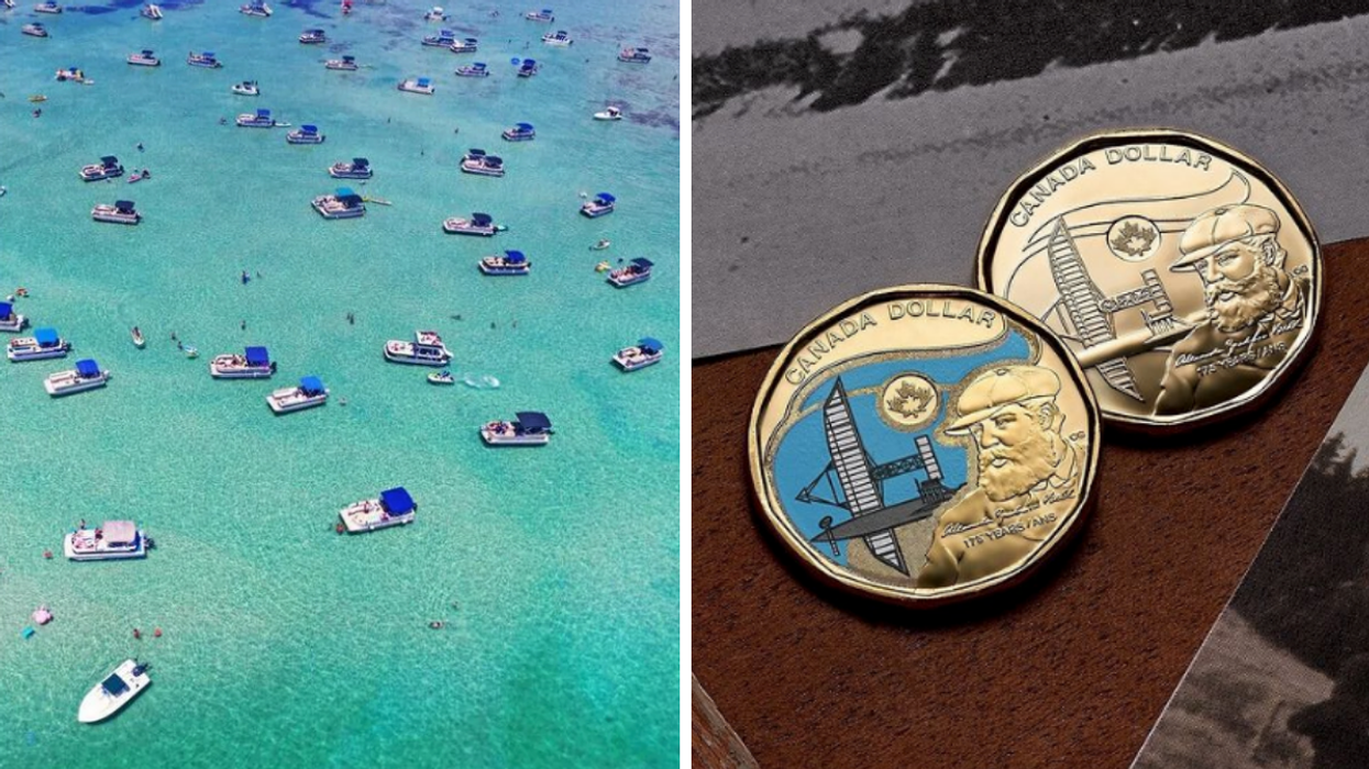 Boats at a sandbar in Destin, Florida. Right: New Canadian loonies featuring inventor Alexander Graham Bell.