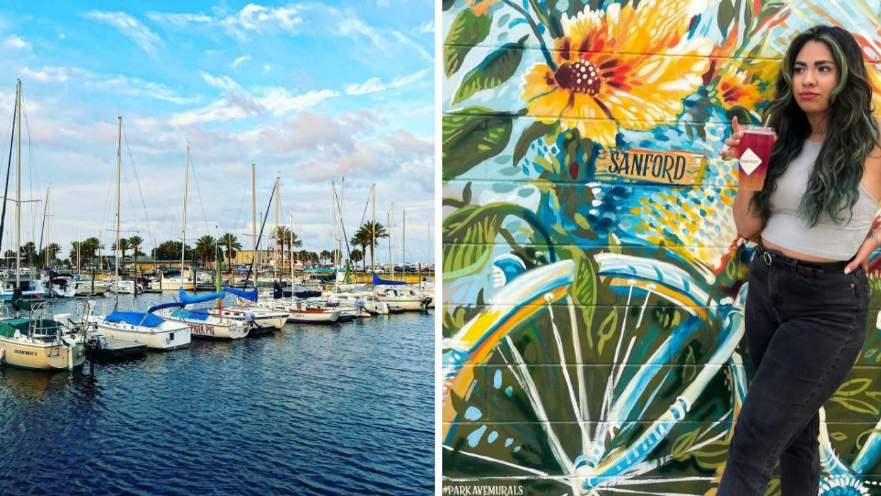Boats on the waterfront in Sanford, Florida. Right: A woman stands in front of a bright floral mural.
