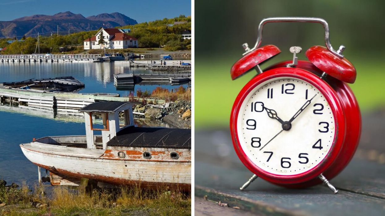 Boats sitting on a lake in Atlin, BC, and right, a red alarm clock on top of a table.