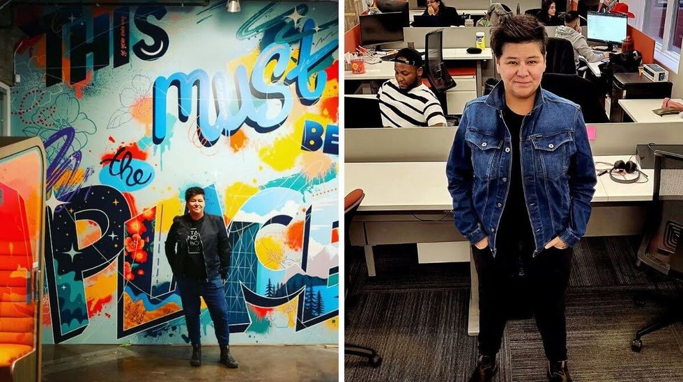 Bobbie Racette outside the Virtual Gurus HQ. Right: Inside the Virtual Gurus HQ.