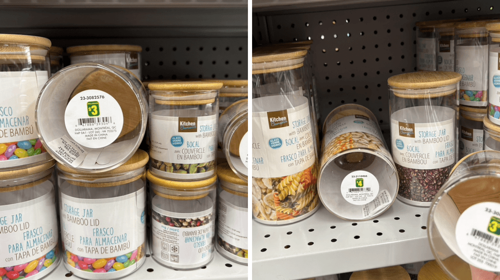 Bocaux de rangement en verre avec couvercle en bambou sur les tablettes du Dollarama.