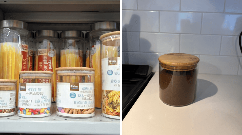 Bocaux en verre avec couvercles en bambou sur les tablettes du Dollarama. Droite : bocal en verre avec couvercle de Bambou sur un comptoir.