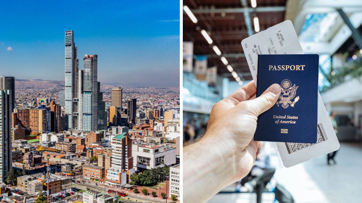 Bogota, Colombia. Right: A person holding a U.S. passport and a plane ticket.
