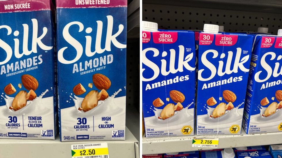 Boisson d'amande non sucr\u00e9e Silk \u00e0 2,50 $. Droite : Boisson d'amande non sucr\u00e9e Silk \u00e0 2,75 $.