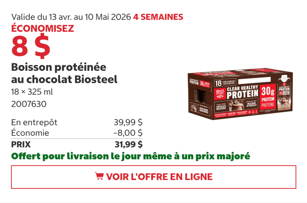 Boisson prot\u00e9in\u00e9e au chocolat Biosteel (18 x 325 ml) au Costco.